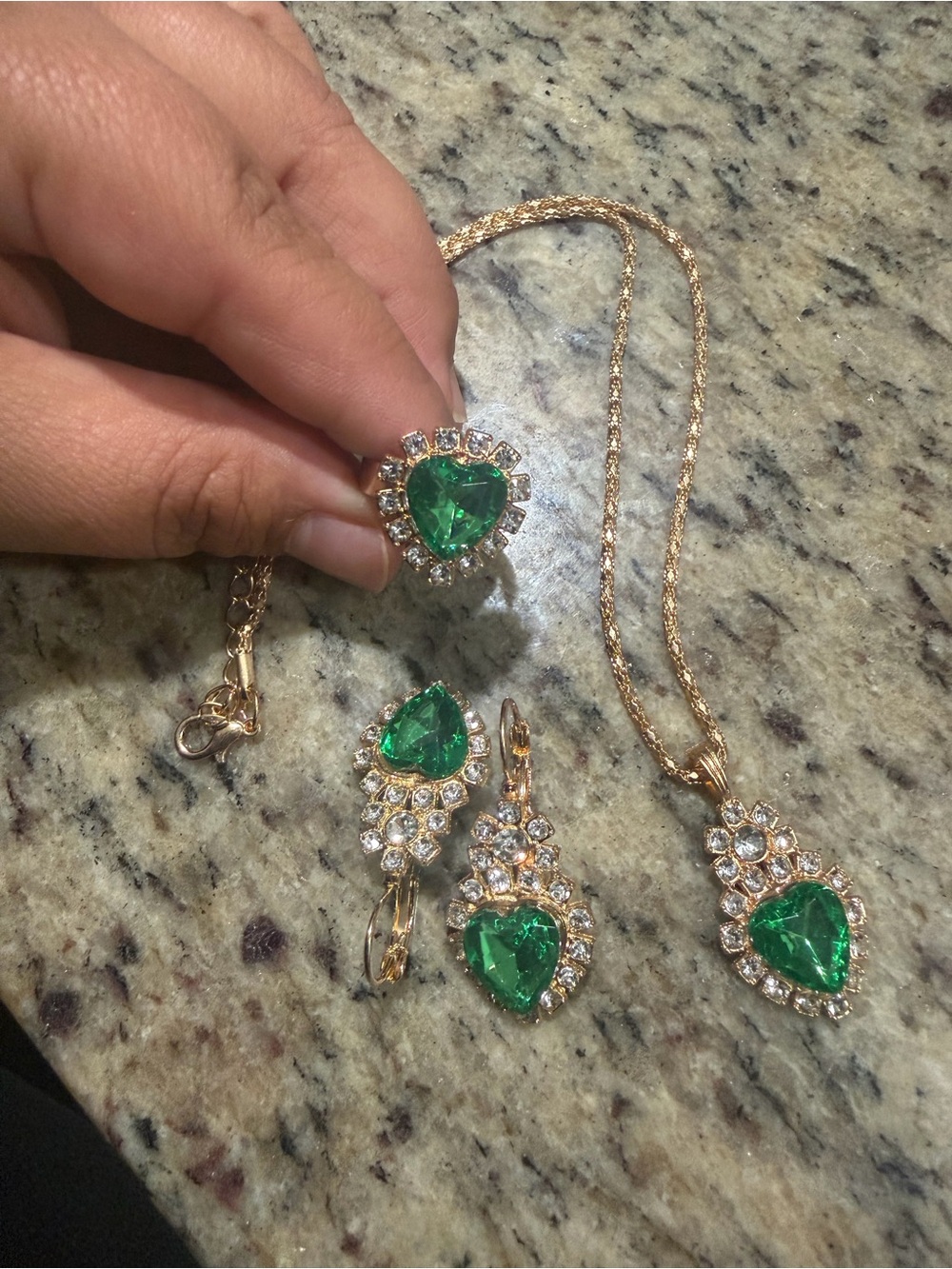Gold-Tone Heart Emerald Necklace and Earring Set - Green - Picture 3 of 4